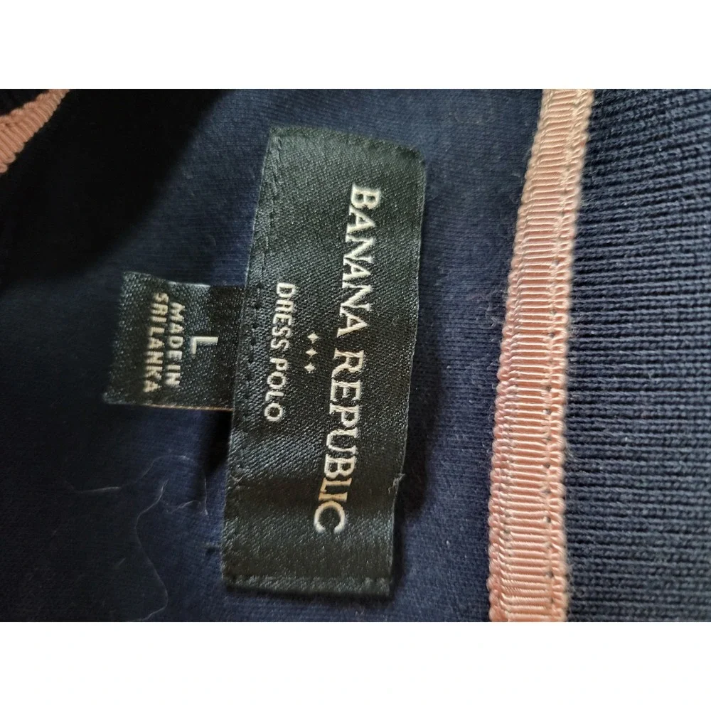 Banana Republic Mens Dress Polo Large Navy Blue Pink Striped Short Sleeve 215